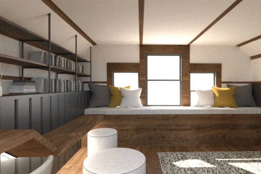 a living room with a couch and a book shelf