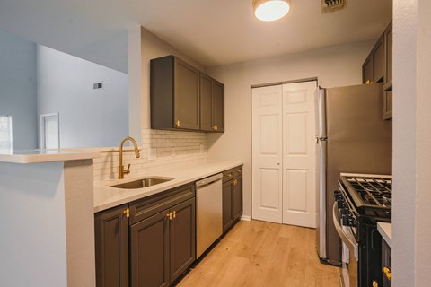 a kitchen with a sink and a refrigerator and a door