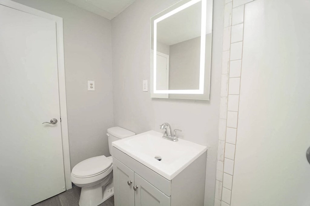 a bathroom with a sink toilet and a mirror