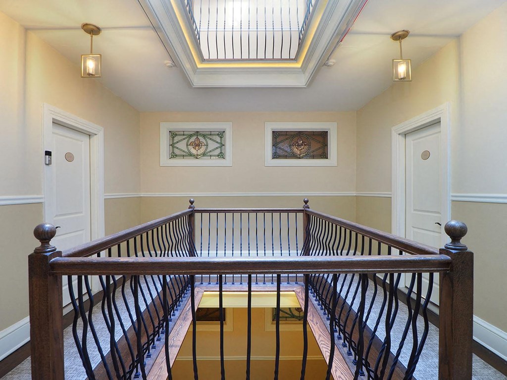 a view from the top of a staircase