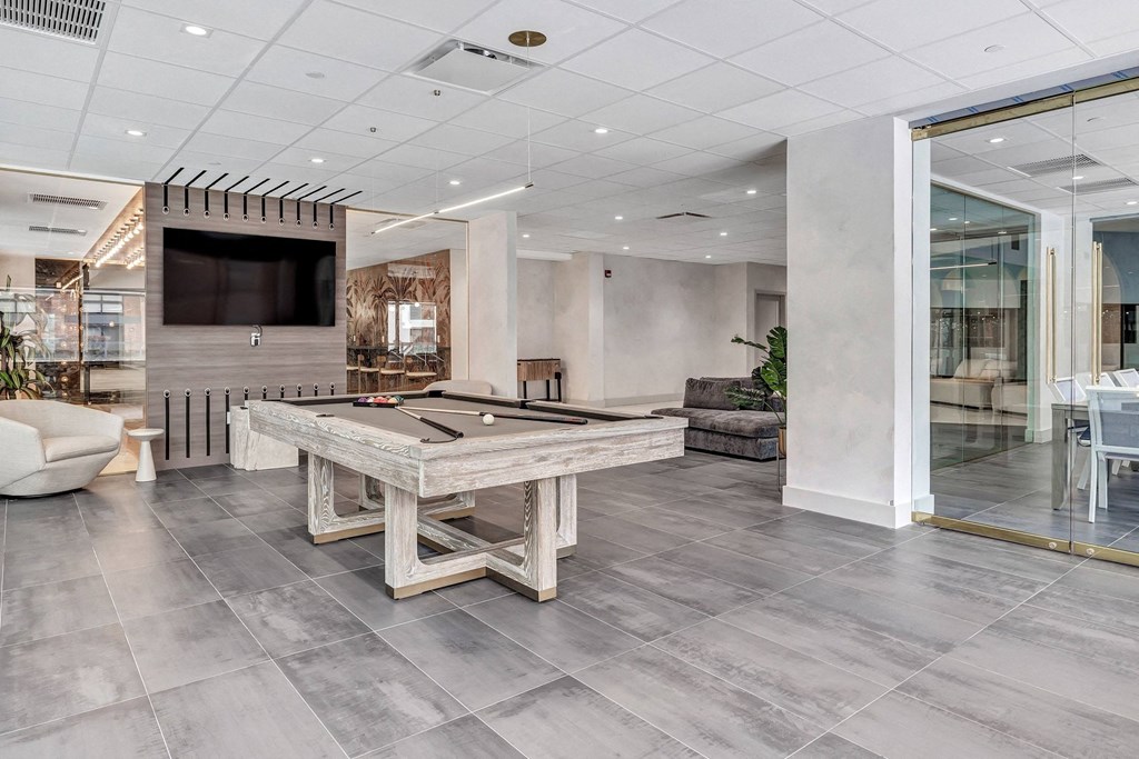 a game room with a pool table and a tv
