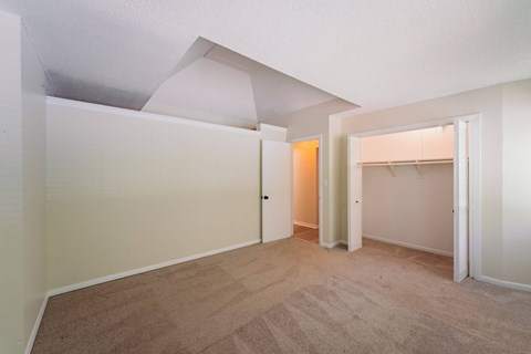 a spacious bedroom with a closet and a door to the bathroom
