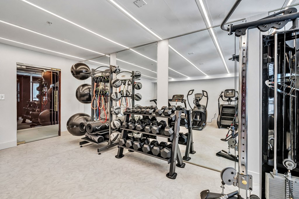 a gym with weights and cardio equipment in a home a gym with weights and cardio equipment in a home at The Meriden, Meriden, 06450