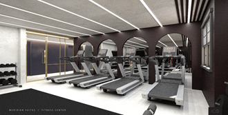 a rendering of a gym with treadmills and weights