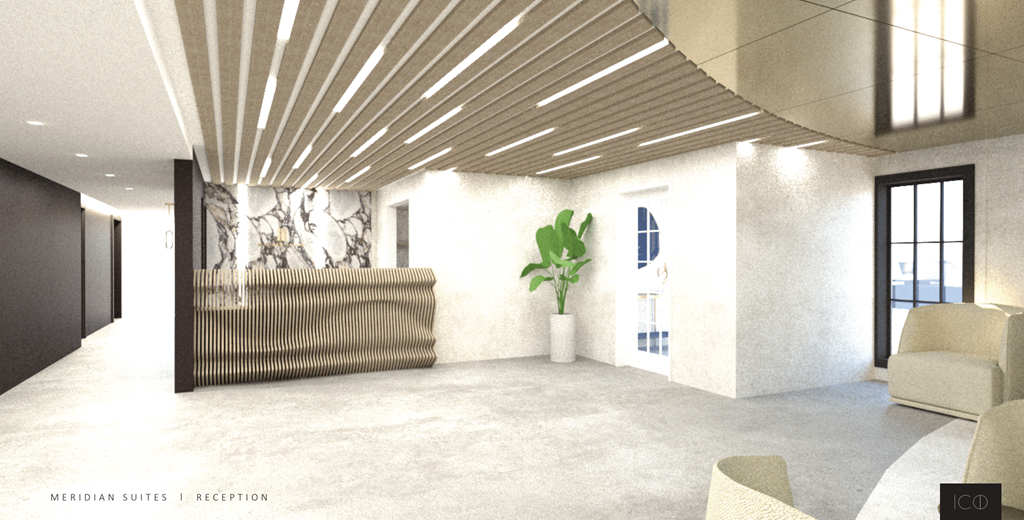 a computer generated image of the lobby of a building with a large green plant in a white