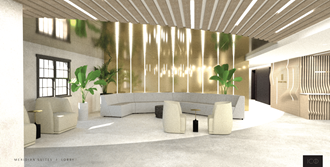 a rendering of a lobby with a large couch and chairs