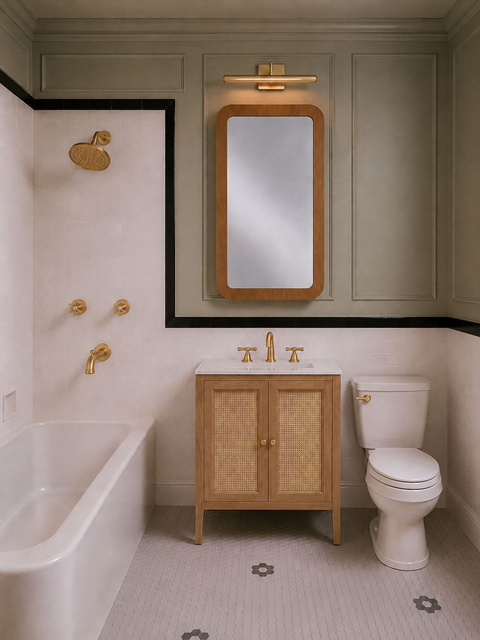 A white toilet sits next to a bathtub in a bathroom.