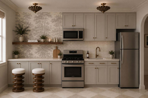 A kitchen with a stove, oven, and refrigerator.