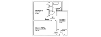 A floor plan of a small apartment with a bedroom, living room, kitchen, and hall.