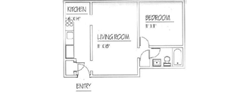 A floor plan of a small apartment with a kitchen, living room, and bedroom.