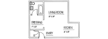 A floor plan of a small apartment with a living room, kitchen, and dressing area.