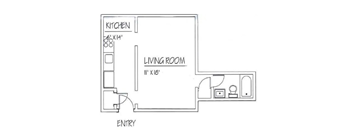A floor plan of a small apartment with a kitchen and a living room.