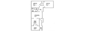A floor plan of a house with two bedrooms, a living room, a dining room, a kitchen, and a hall.