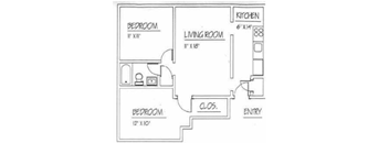 A black and white image of a floor plan for a small apartment.