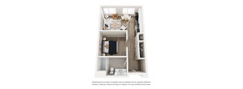 A top-down view of a small apartment with a kitchen, living room, and bedroom.