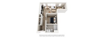 A white model of a house with a kitchen, living room, and bathroom.