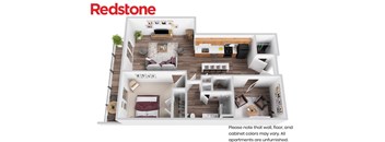 A Redstone apartment floor plan shows a living room, dining room, kitchen, and bedrooms.