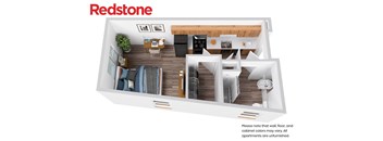 A Redstone apartment interior with a kitchen, living room, and bedrooms.