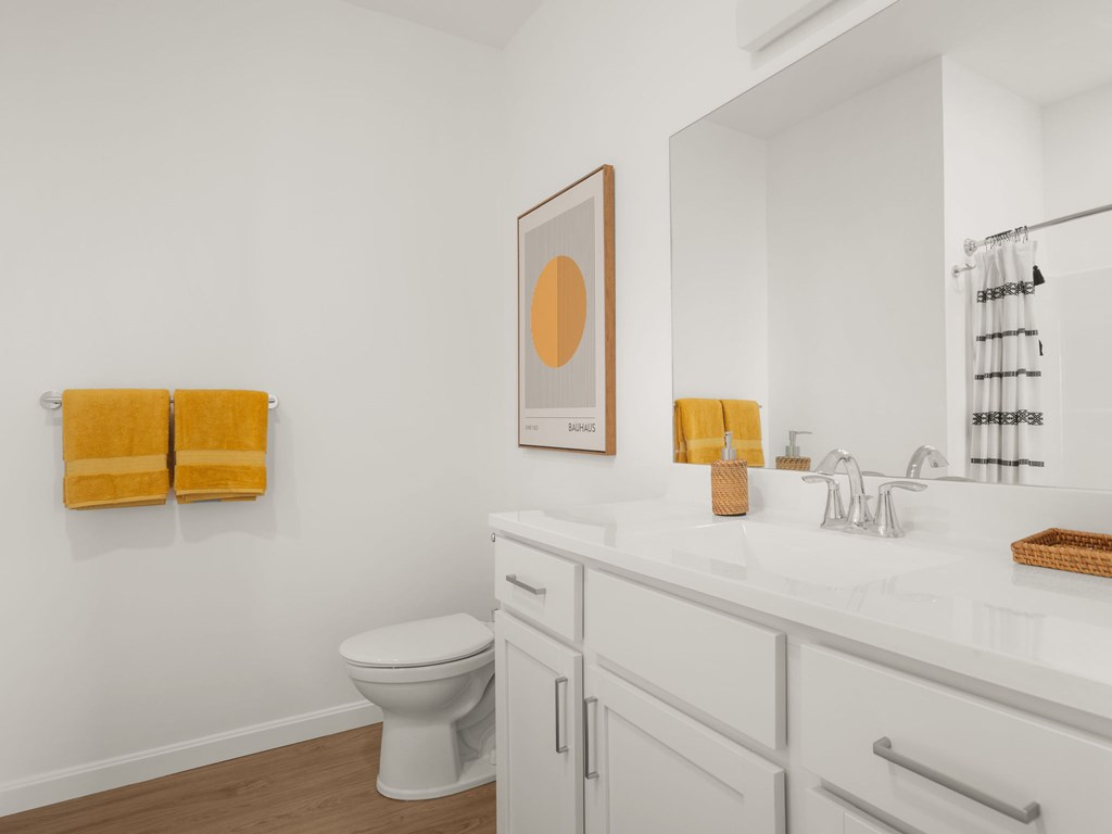 A bathroom with a toilet, sink, and a mirror.