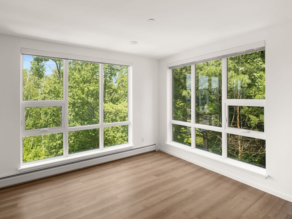 A room with two large windows overlooking a forest.
