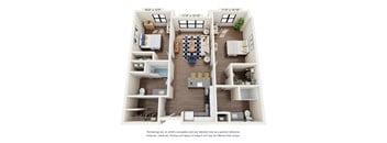 A floor plan of a three bedroom apartment with a living room, kitchen, and bathrooms.