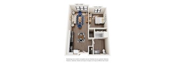 A floor plan of a small apartment with a kitchen, living room, and bedroom.