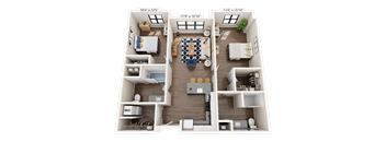 A 3D floor plan of a two-bedroom apartment with dimensions and measurements.