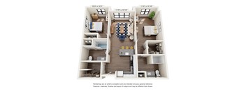 A floor plan of a three bedroom apartment with a living room, kitchen, and bathrooms.