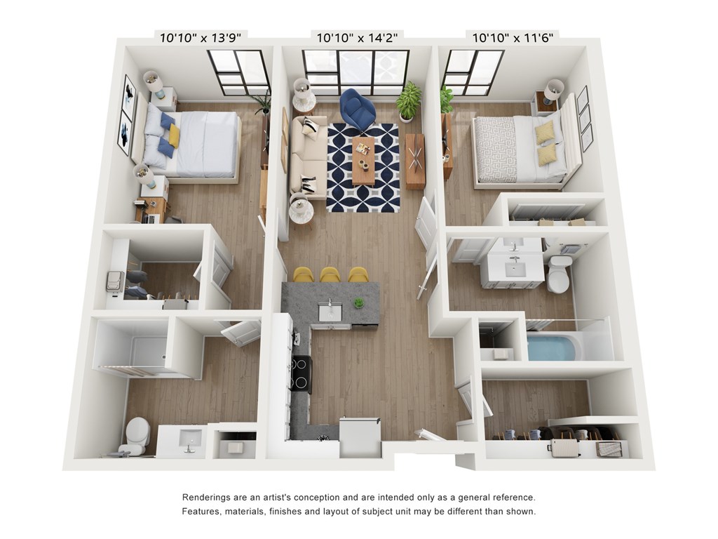 A floor plan of a small apartment with three bedrooms and a living room.