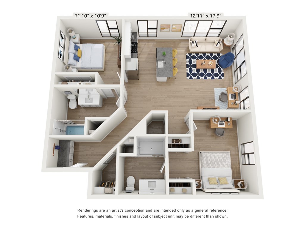 A floor plan of a two-bedroom apartment with dimensions and a disclaimer about the renderings.