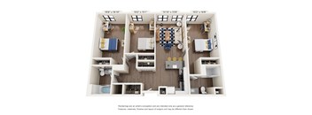 A floor plan of a two-bedroom apartment with a kitchen and living room.