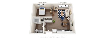 A floor plan of a small apartment with a bedroom, living room, kitchen, and bathroom.