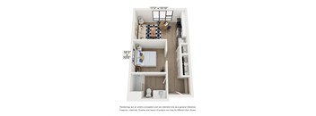 a outlook of a 1 bedroom floor plan with a bedroom and a bathroom