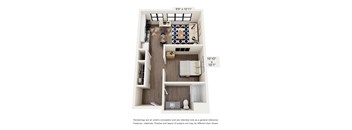 A floor plan of a small apartment with a kitchen, living room, and bathroom.