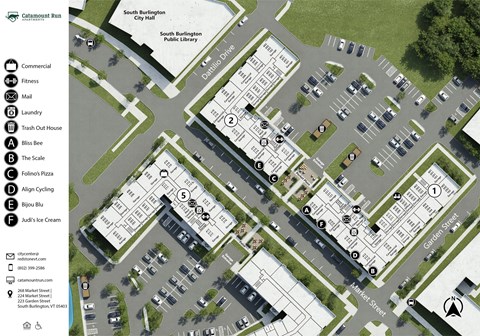 A map shows a parking lot with a scale and various points of interest.