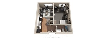 a stylized floor plan with a bedroom and living room