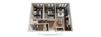 a stylized floor plan with two bedrooms and one bed in each room