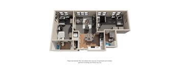 a stylized floor plan with two bedrooms and two beds in each room