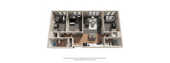 a stylized floor plan with three bedrooms and one bed in each room