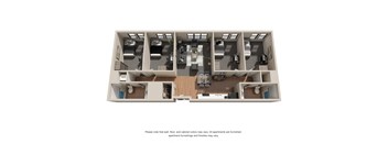 a stylized floor plan with four bedrooms and one bed in each room