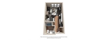 a stylized floor plan of a studio unit with one bed in the room