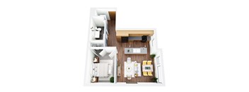 A top-down view of a modern apartment with a living room, kitchen, and dining area.