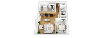 A top-down view of a modern apartment layout with a living room, kitchen, and bathroom.