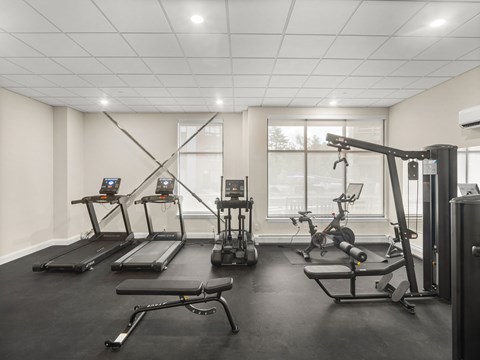 A gym with treadmills, elliptical machines, and a weight machine.
