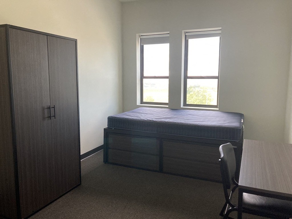 a bedroom with a bed and a dresser and two windows