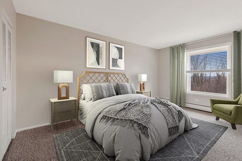 a bedroom with a bed and a window