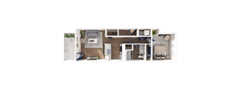 A 3D floor plan of a house showing a living room, kitchen, dining area, and bedrooms.