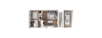 A top-down view of a house layout with a car parked in the garage.
