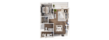 A top-down view of a small apartment layout with a kitchen, living room, and bathroom.