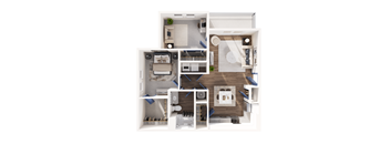A top-down view of a house layout with a kitchen, living room, and bedrooms.